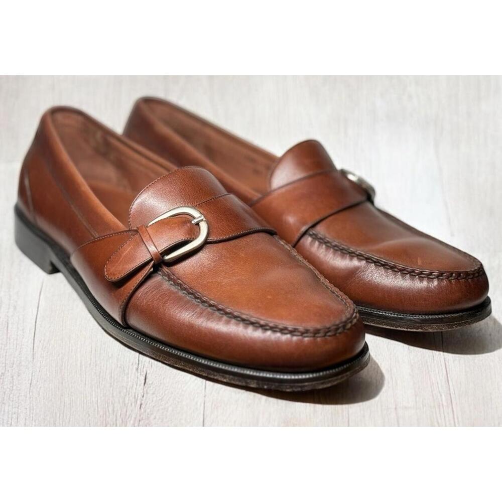 Cole Haan Loafer Mens Size 10.5 Tan Leather Buckle Apron Toe Slip On Dress Shoe